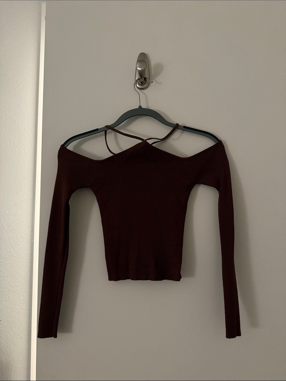 DISSH Off-Shoulder Ribbed Long Sleeve Top in Burgundy